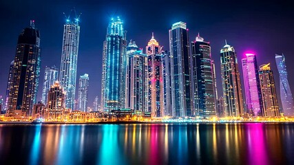 Night cityscape, vibrant towers, waterfront reflection, modern city, travel brochure