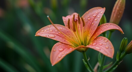 Fototapeta premium Lily Flower with Water Droplets Close Up on Green Background