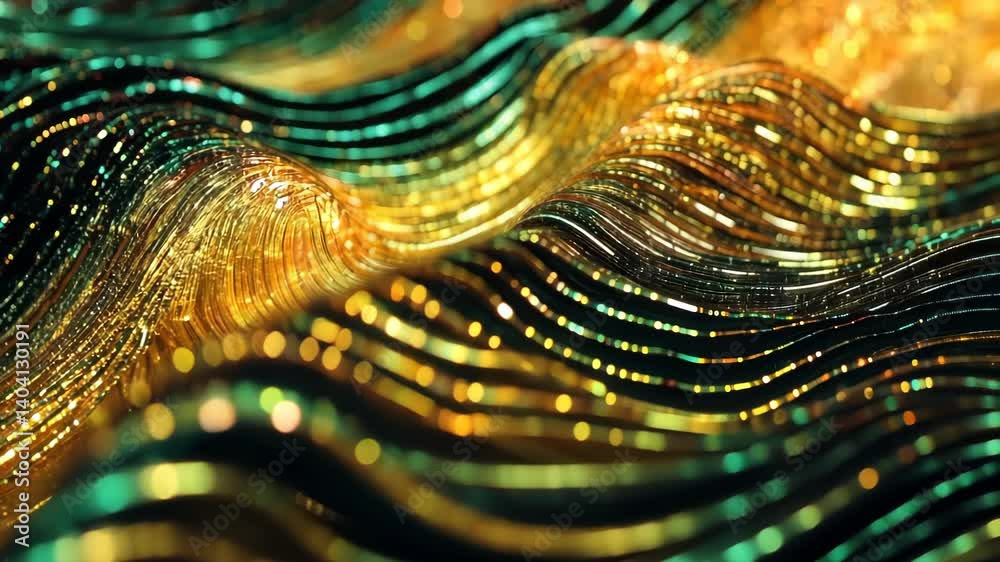 Poster flowing waves of shimmering gold and green create a mesmerizing visual journey through textures and 