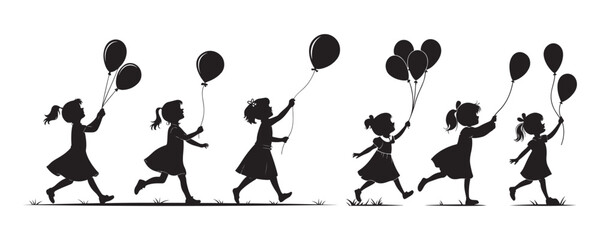 Silhouettes of Little Girls Holding Balloons – Whimsical Black and White Vector Art