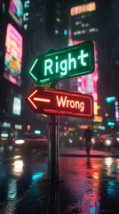 Neon Signpost Displaying Right and Wrong