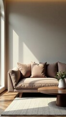 Sleek sofa, low table, neutral walls, natural light, texture, furniture, beige