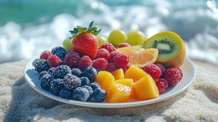 Delicious Assortment of Fresh Fruits on a Plate by the Summer Sea