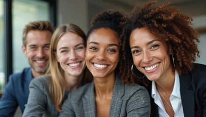 Fototapeta premium Diverse group people smiling, happy. Team, clients in formal business attire. Positive emotions show satisfaction with service or product. Business, partnership, relationship success.