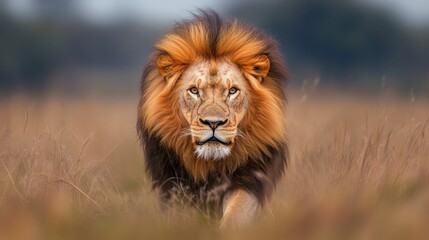 Majestic lion walking towards camera in savanna grassland
