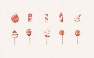 The Christmas collection includes candy, sweets, lollipops, and a candy cane set, featuring peppermint candies in red and white, along with assorted striped and swirl caramel treats
