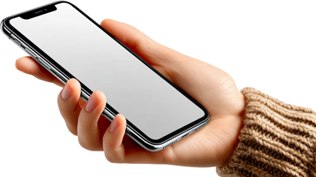Hand Holding Smartphone: A close-up shot of a woman's hand gently holding a smartphone, showcasing a blank screen ready for your app or design. The neutral background accentuates the device. 