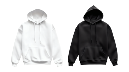 Black and white hoodie mockup front view side by side for design showcasing and branding purposes on transparent background