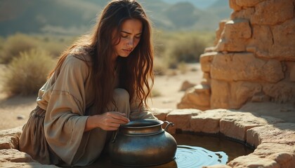 Sad woman at well, desert background. Artwork about faith, spirituality, bible, religion. Person at water source, ancient times, biblical scene. Expressing emotions, religious theme.