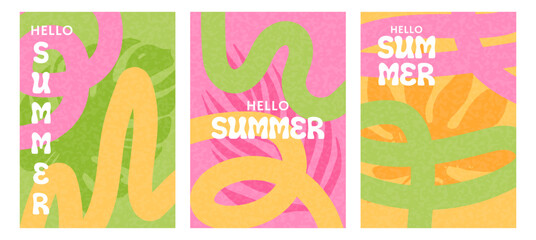 Set of summer bright abstract backgrounds with wavy shapes and lines. Templates for celebration, branding, banner, cover, label.