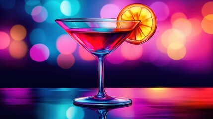 Vibrant cocktail with orange slice on a reflective surface, colorful bokeh background