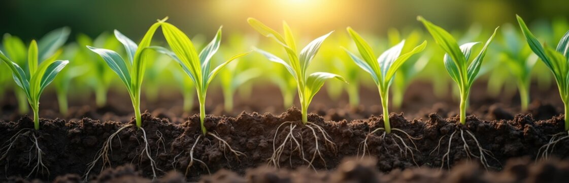 Young corn plants with roots grow from soil. Sun rays light fresh green sprouts in farmland. Agriculture, gardening concept, new life, growth and ecology. Food production, harvest.