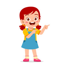 Happy Little Girl Pointing Fingers Sideways with Cheerful Expression in Cartoon Illustration
