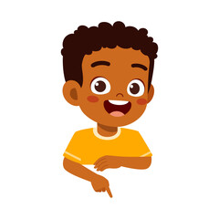 Smiling Boy Pointing Downward Wearing a Yellow Shirt Against White Background Illustration
