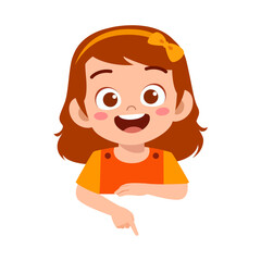 Cute Girl Smiling and Pointing Down with Index Finger in Cartoon Style with Happy Expression