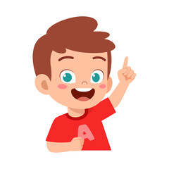 Happy Cartoon Boy Pointing Upward with a Smile, Wearing a Red Shirt with Letter A