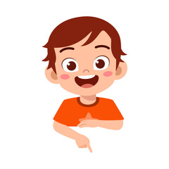 Happy Boy Smiling and Pointing Down, Expressing Joy and Excitement in a Cheerful Cartoon Style
