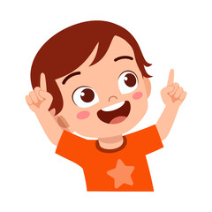 Happy Little Boy Cartoon Character Smiling and Pointing Upward with Both Hands and Open Mouth