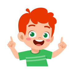 Happy Smiling Boy Pointing Upwards with Both Hands Isolated on White Background, Cheerful