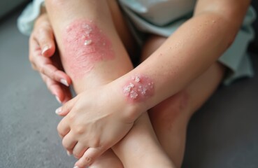 Naklejka premium Close-up shot shows skin affected by eczema, dermatitis, rashes on elbow, wrist. Woman applies cream ointment for treatment, body care, dermatology, health, medicine. Allergic reaction, skin disease.