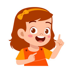 Cute Little Girl Pointing Upward with Smiling Expression in Cartoon Illustration Style