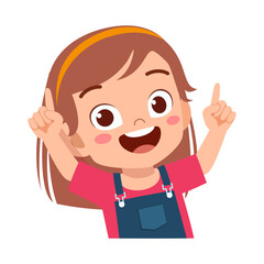 Happy Cute Little Kid Girl Pointing Finger Up and Smiling Isolated on White Background