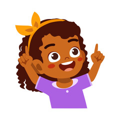 Happy Girl Pointing Upward with Smiling Expression in Cartoon Illustration Style