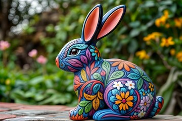 Decorative painted Easter bunny with floral ornament against a spring garden background. Concept of artistic spring sculpture in fantasy style.