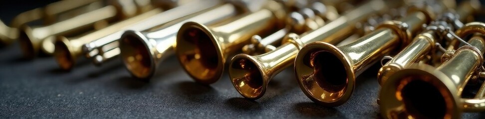Obraz premium Close-up view of various wind and brass instruments, neatly arranged , copper, cornet