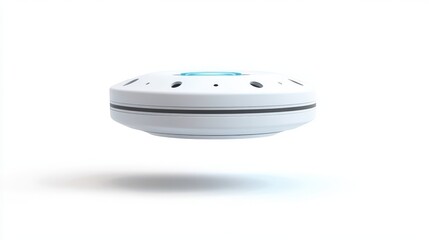 A white disk shaped device levitating against a clean white backdrop