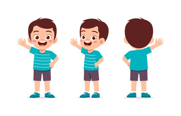 Happy Little Boy Waving Hand with cheerful Expression Front and Back Pose in Illustration