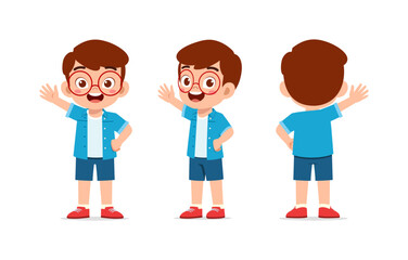 Happy Boy Waving Hand Wearing Glasses and Blue Shirt Cartoon Illustration Front and Back View