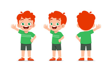 Happy Little Boy Waving Hello with Red Hair in Green Shirt with Three Different Poses