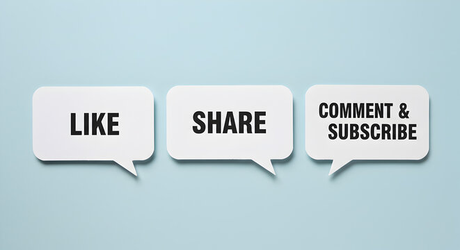 Social Media Engagement Concept with Like Share and Subscribe in Speech Bubbles on Light Blue Background - Powered by Adobe