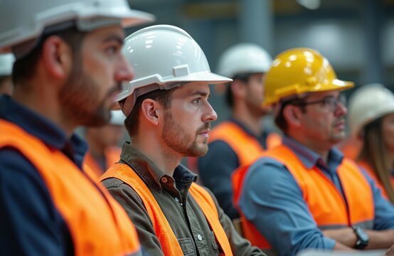 Group of construction workers wearing safety gear in safety meeting. Men, women wearing orange safety vests, hard hats. Workers discuss project safety protocol, guidelines. Industrial workplace, team