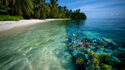 Fototapeta premium Tropical Island Beach With Coral Reef And Colorful Fish