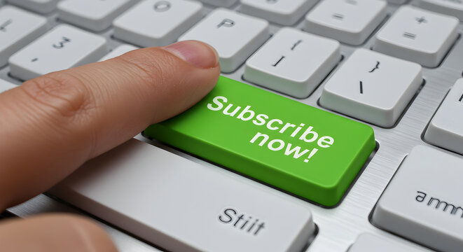 Pressing Subscribe Now Button on a White Computer Keyboard with One Finger Indicating Online Subscription Concept