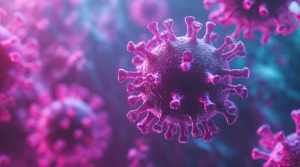Detailed microscopic rendering of infectious coronavirus particles floating around