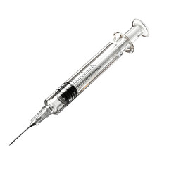 A syringe featuring a clear barrel with an extended needle, isolated on a white background.
