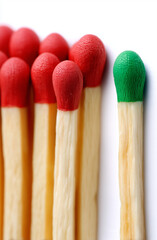 matchsticks with red and green tips in a contrasting style in red, green, and beige colors representing uniqueness