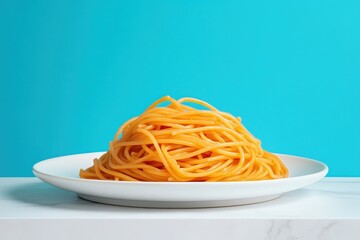 A pile of cooked spaghetti on a white plate against a vibrant turquoise background.