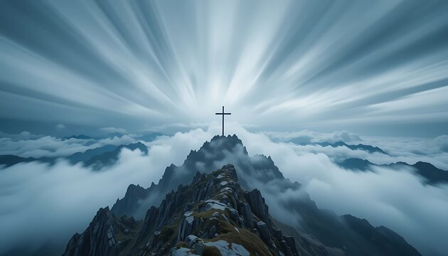 Mountain Peak Silhouette and Moving Clouds Landscape with Cross Symbol
