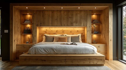 Designer bed with natural wood panels high resolution picture