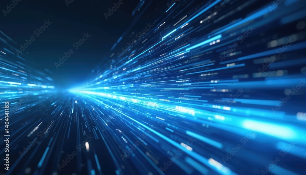 Aufkleber Abstract blue background with light speed concept. Digital futuristic network, data flow, cyberspace. Technology innovation with lines and dots. Modern digital art with lines and glowing rays.