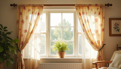 Fototapeta premium Cozy summer cottage window with curtains and potted plant 