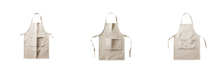 Beige apron with pocket in different positions for home and kitchen activities