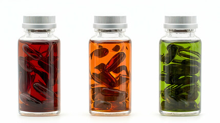 Three Glass Bottles With Preserved Insects In Different Colored Liquids