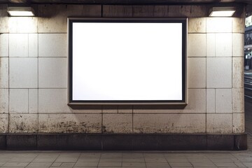 Blank billboard in a subway passage at night
