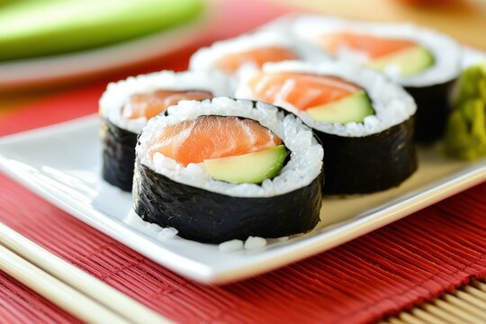 A close-up view of several salmon avocado sushi rolls on a plate.
