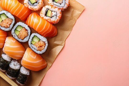 Assorted sushi rolls on parchment paper.